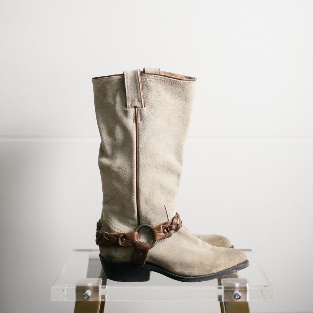 Frye Tan Leather Suede Braided Pointed Toe Boot